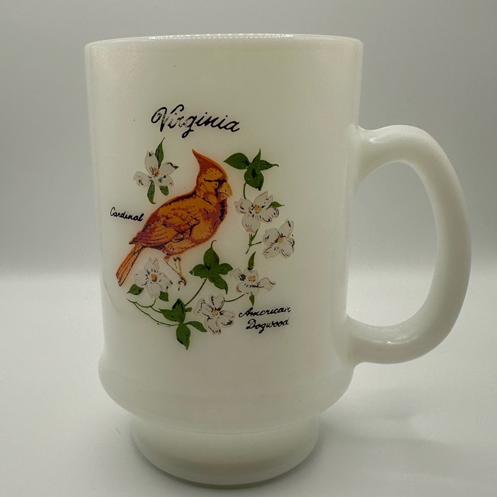 4 Anchor Hocking Red Cardinal Bird Vintage Milk Glass Coffee Mug 3.5" X 3"